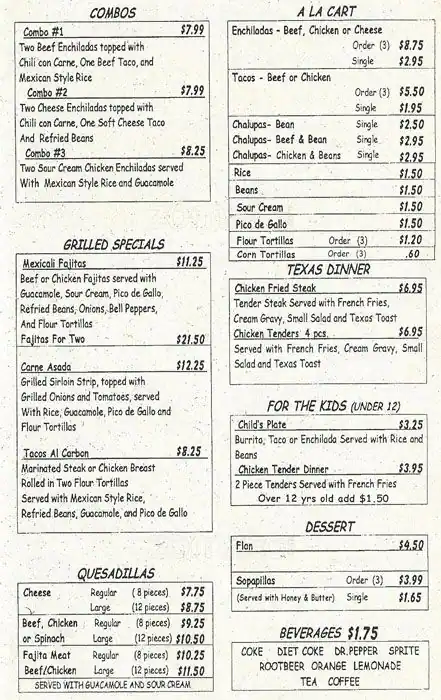 Menu of Mexicali, Highland Meadows, Dallas  