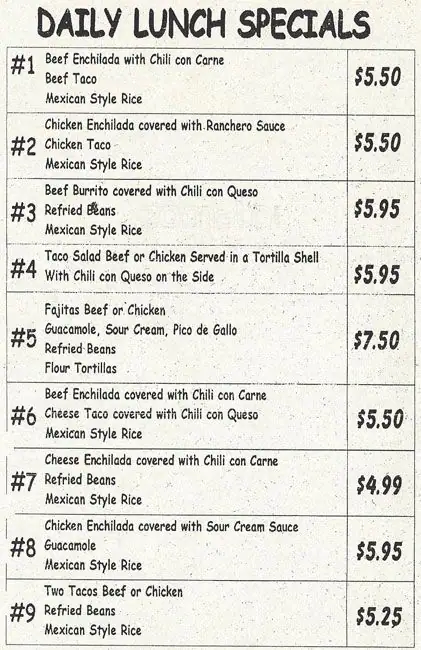 Menu of Mexicali, Highland Meadows, Dallas  