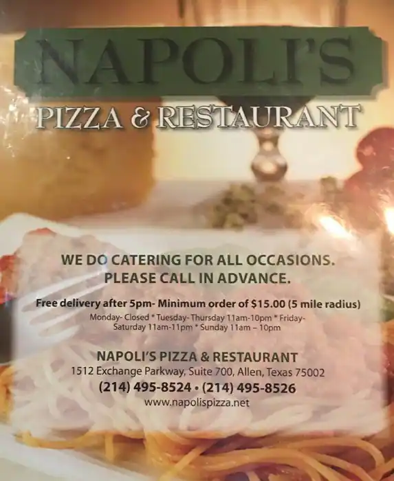 Menu of Napoli's Pizza & Restaurante, Allen, Allen  