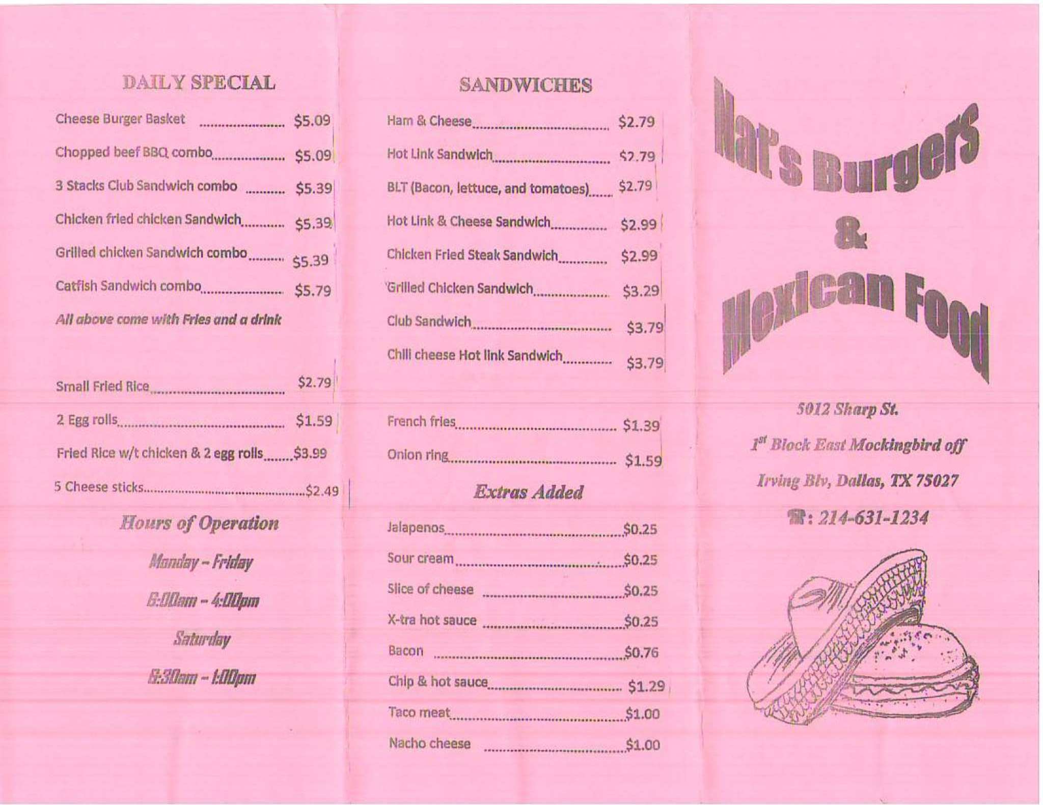 Menu of Nat's Burgers & Mexican Food, Lovefield, Dallas  