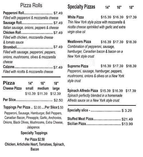 Menu of Arlington New Yorker Pizza, Arlington, Arlington  