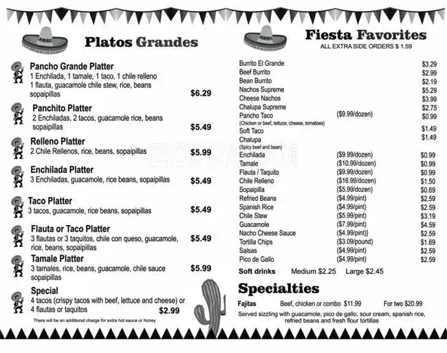 Menu of Pancho's Mexican Buffet, Dalworthington Gardens, Arlington  