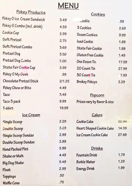 Menu of Pokey O's Cookies & Ice Cream, Park Cities, Dallas  
