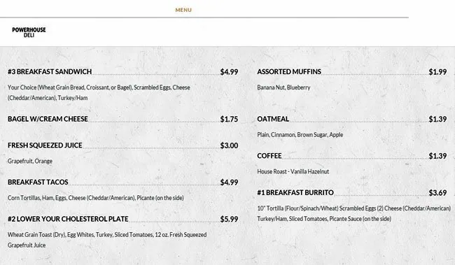 Menu of The Power House Deli & Smoothie Bar, Downtown, Dallas  