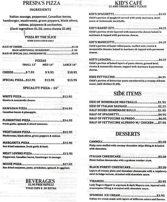 Menu of Prespa's Pizza & Pasta, Dalworthington Gardens, Arlington  