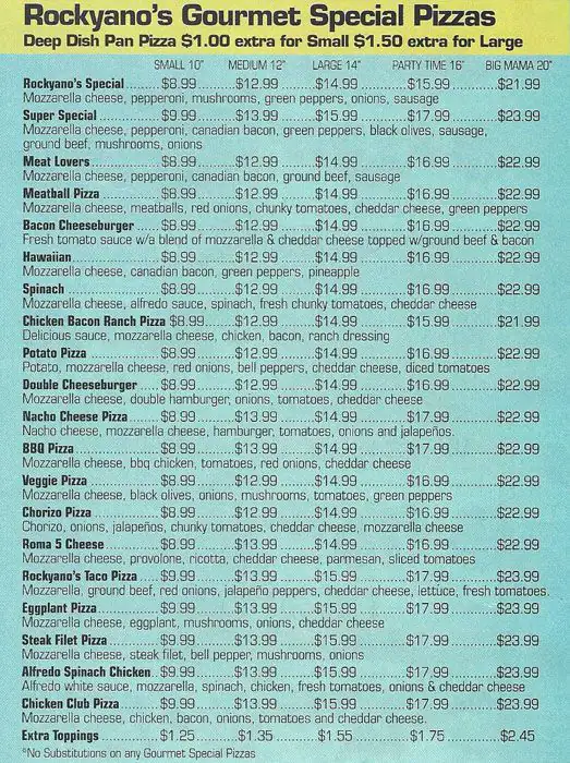 Menu of Rockyano's Pizza, Lake Highlands, Dallas  