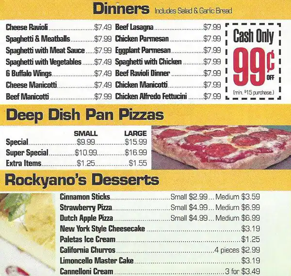 Menu of Rockyano's Pizza, Lake Highlands, Dallas  