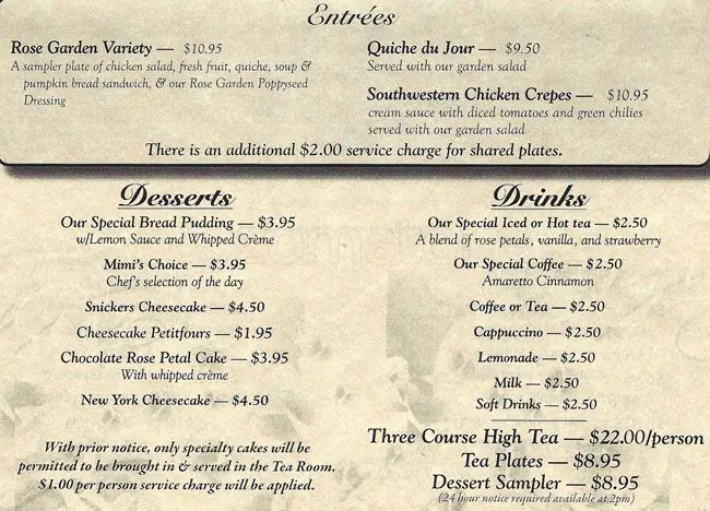 Menu of Rose Garden Tearoom, Pantego, Arlington  