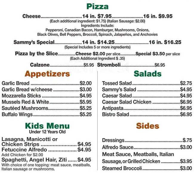 Menu of Sammy's Italian Bistro, Burleson, Burleson  