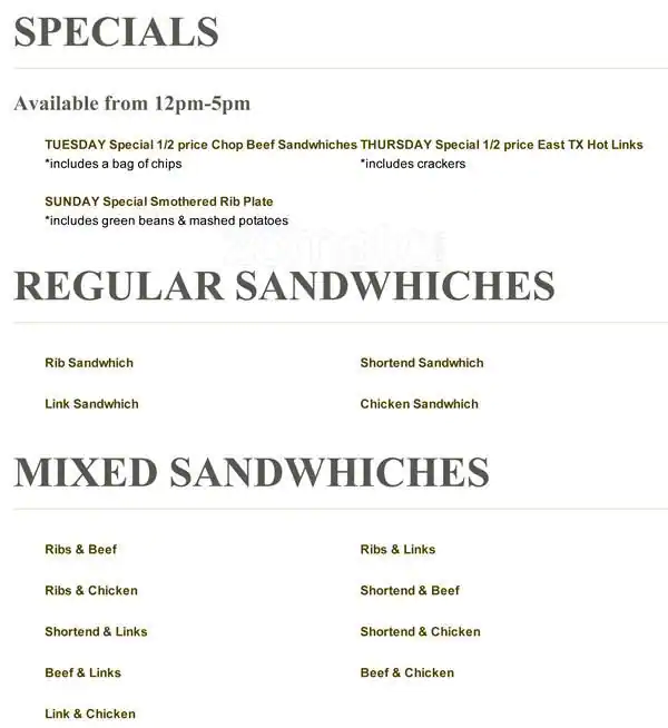 Menu of Smokey Joe's BBQ, Oak Cliff, Dallas  