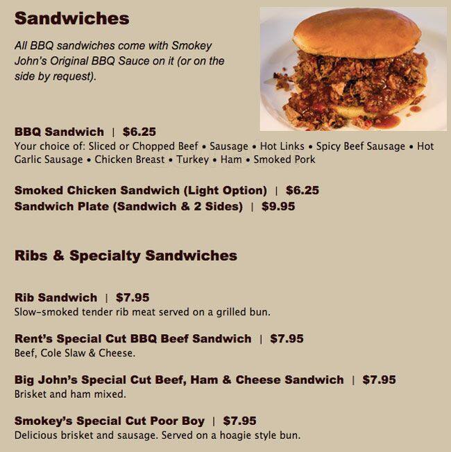 Menu of Smokey John's Bar-B-Que & Home Cooking, Lovefield, Dallas  