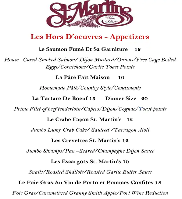 Menu of St. Martin's Wine Bistro, Lower Greenville, Dallas  