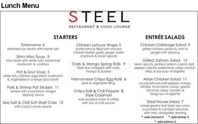 Menu of Steel Restaurant & Lounge, Oak Lawn, Dallas  