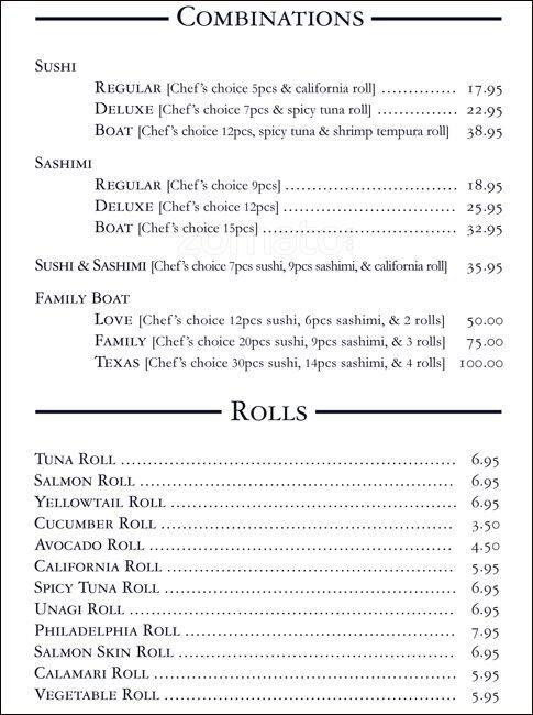 Menu of Sushi Kyoto, Park Cities, Dallas  