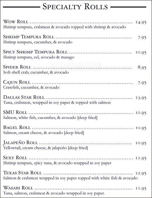 Menu of Sushi Kyoto, Park Cities, Dallas  