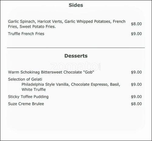 Menu of Suze, Preston Hollow, Dallas  