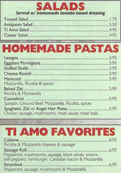 Menu of Ti Amo, Hurst, Bedford  