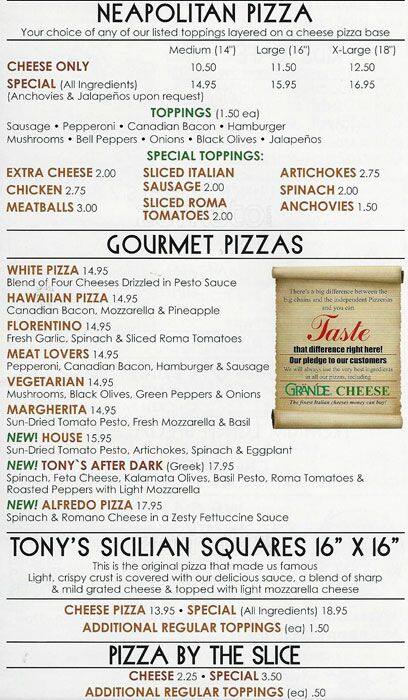 Menu of Tony's Pizza & Pasta, Bedford, Bedford  