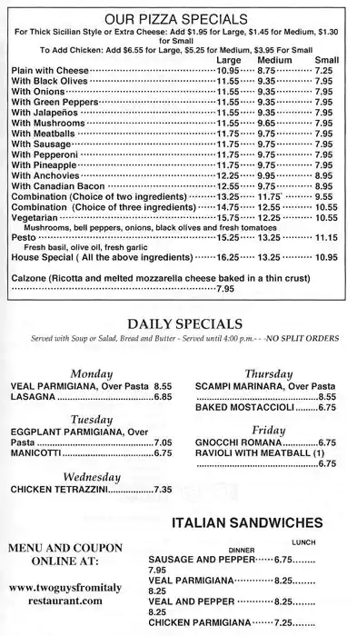 Menu of Two Guys From Italy, Northwest Dallas, Dallas  
