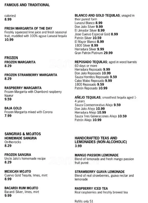 Menu of Uncle Julio's, Oak Lawn, Dallas  