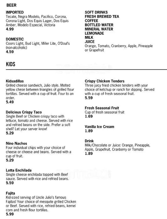Menu of Uncle Julio's, Oak Lawn, Dallas  