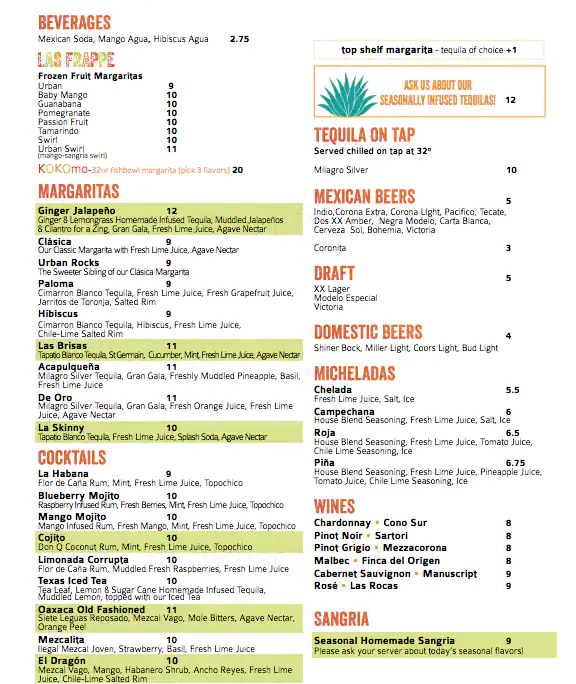 Menu of Urban Taco, Northeast Dallas, Dallas  