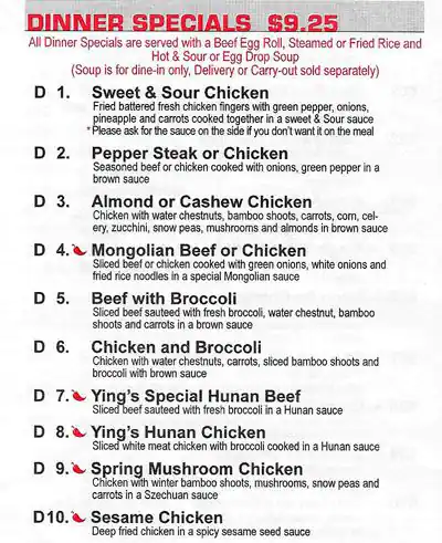 Menu of Ying Cafe, Garland, Arlington  