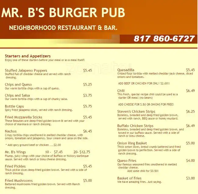 Menu of Mr. B's Burger Pub, Pantego, Arlington  