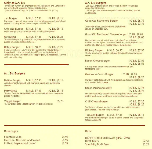 Menu of Mr. B's Burger Pub, Pantego, Arlington  