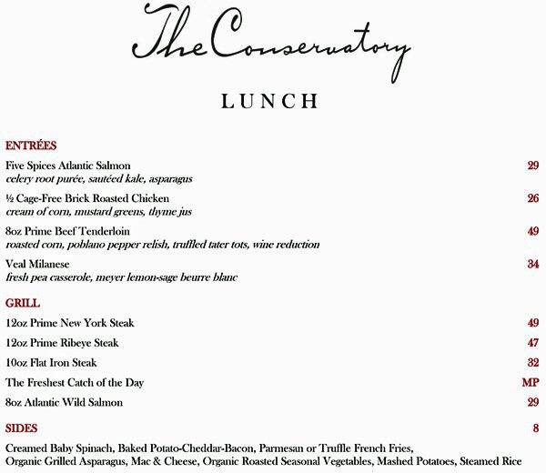 Menu of The Conservatory - The Crescent Hotel, Uptown, Dallas  