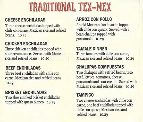 Menu of Mexican Inn Cafe, Burleson, Burleson  