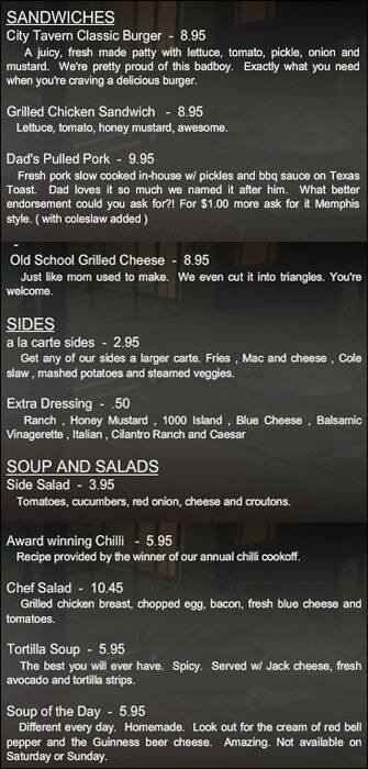 Menu of City Tavern, Downtown, Dallas  