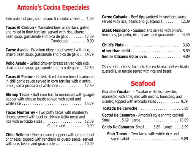 Menu of Antonio's Mexican Restaurant, Burleson, Burleson  