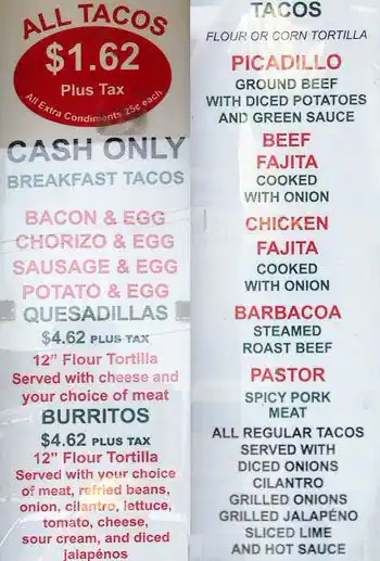 Menu of Fuel City Tacos (Super Tacaso), Cedar Crest, Dallas  