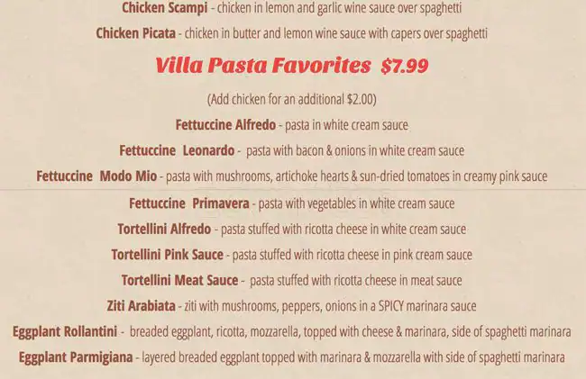 Menu of Villa Dianna Italian Restaurant, Burleson, Burleson  