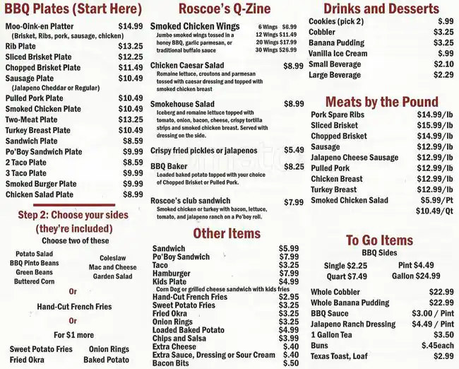 Menu of Roscoe's Smokehouse, Burleson, Burleson  