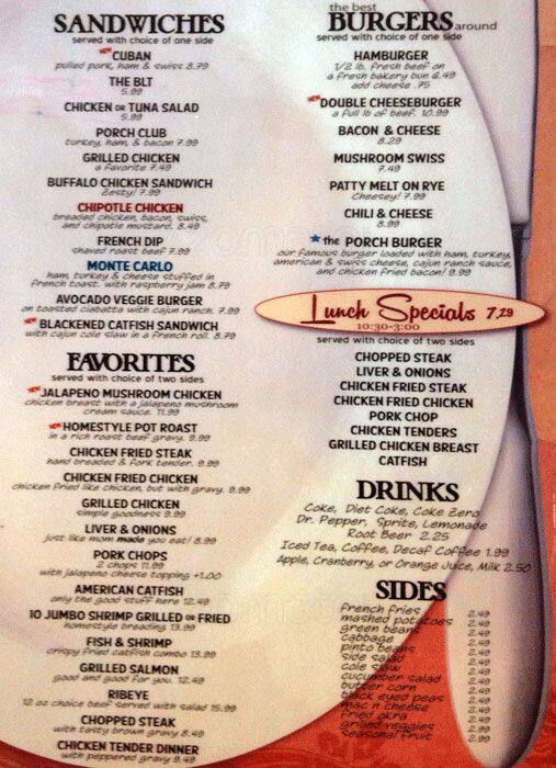 Menu of The Porch, Burleson, Burleson  