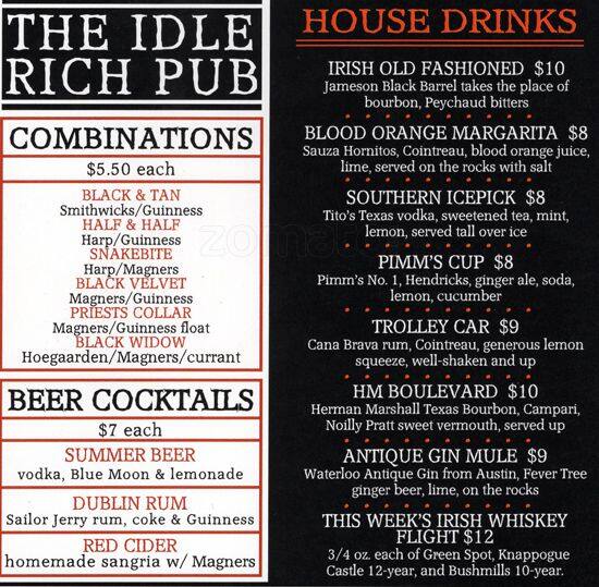 Menu of The Idle Rich Pub, Oak Lawn, Dallas  