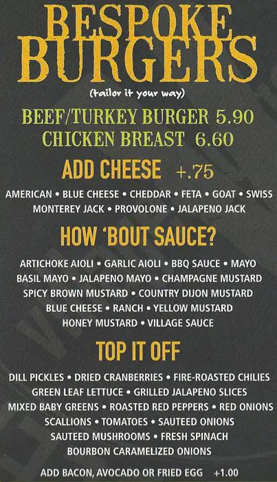 Menu of Village Burger Bar, Allen, Allen  