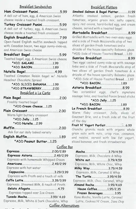 Menu of Astoria Caffe & Wine Bar, Addison, Addison  