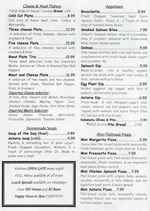 Menu of Astoria Caffe & Wine Bar, Addison, Addison  