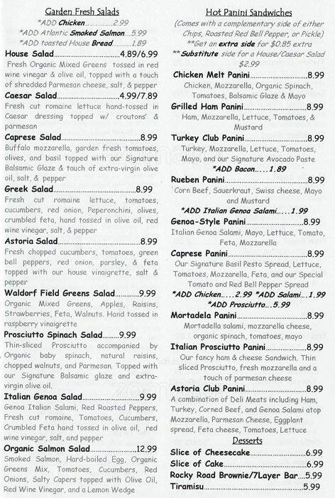 Menu of Astoria Caffe & Wine Bar, Addison, Addison  