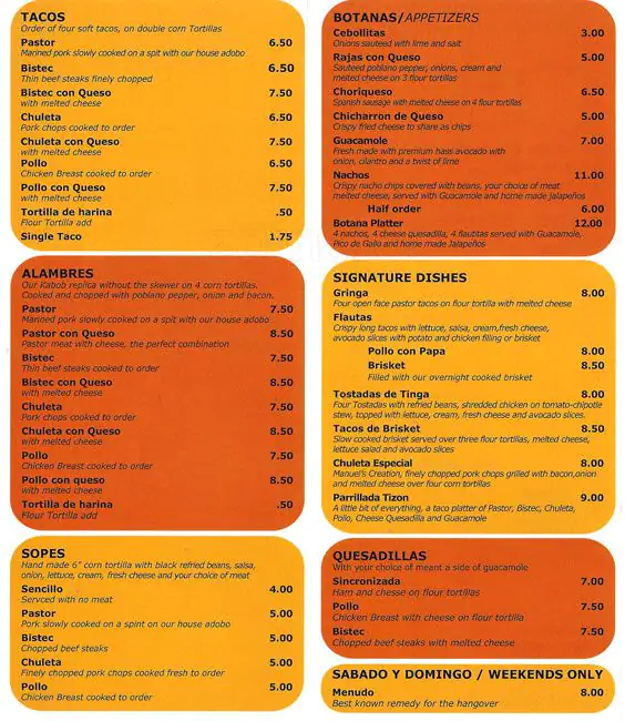 Menu of El Tizoncito, Oak Cliff, Dallas  