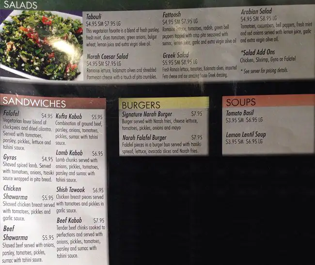 Menu of Narah Cafe, Dalworthington Gardens, Arlington  