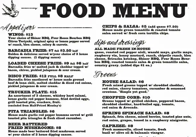 Menu of Barcadia, Old East Dallas, Dallas  