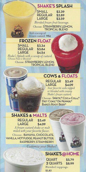 Menu of Shake's Frozen Custard, Carrollton, Carrollton  