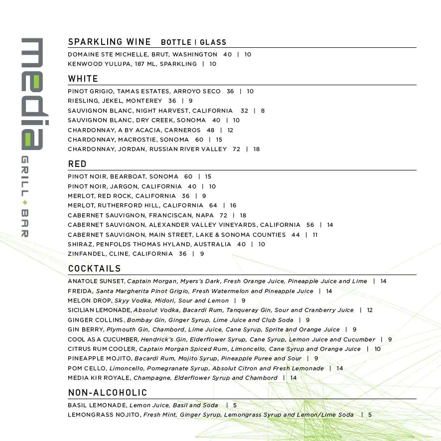 Menu of The Hilton Anatole - Media Grill + Bar, Design District, Dallas  