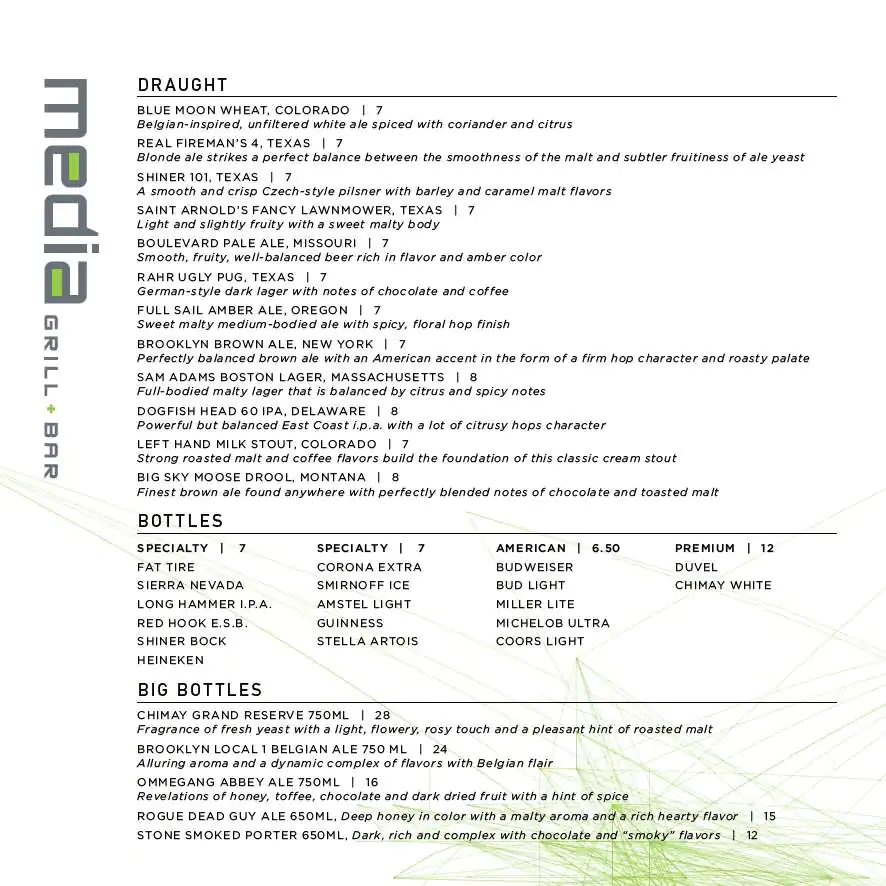 Menu of The Hilton Anatole - Media Grill + Bar, Design District, Dallas  