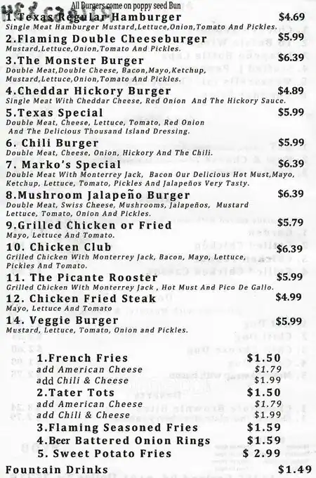 Menu of Flaming Burger, Lochwood, Dallas  