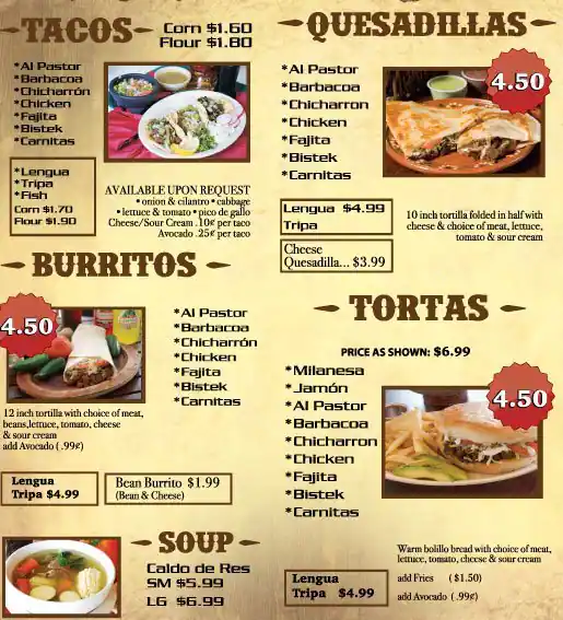 Menu of El Paisa Cocina Mexicana, Carrollton, Carrollton  